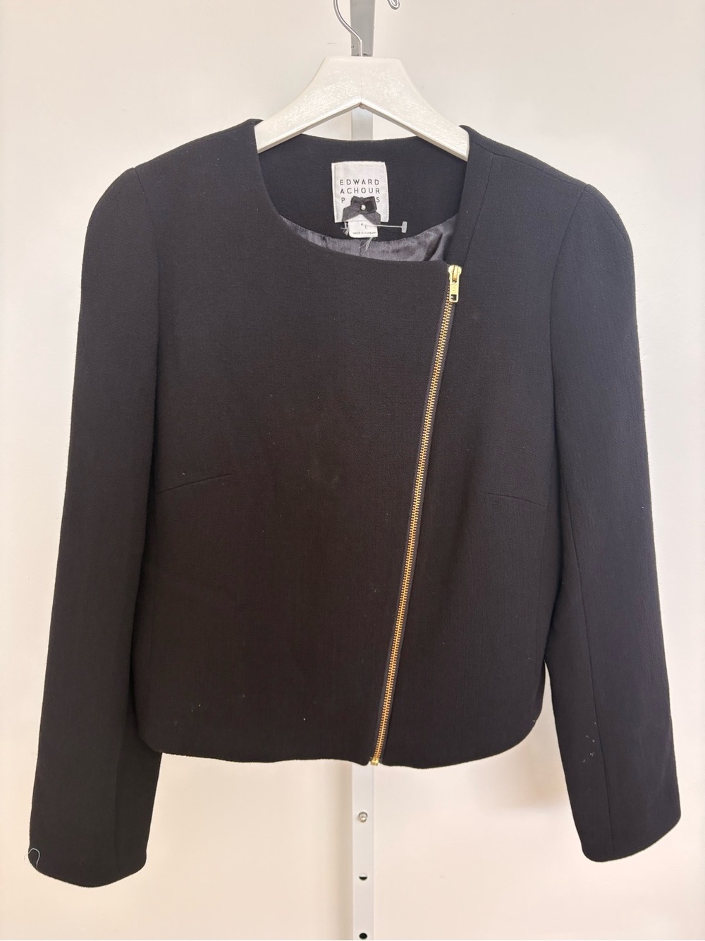 Edward Achour Black Asymmetric Zip Collarless Blazer